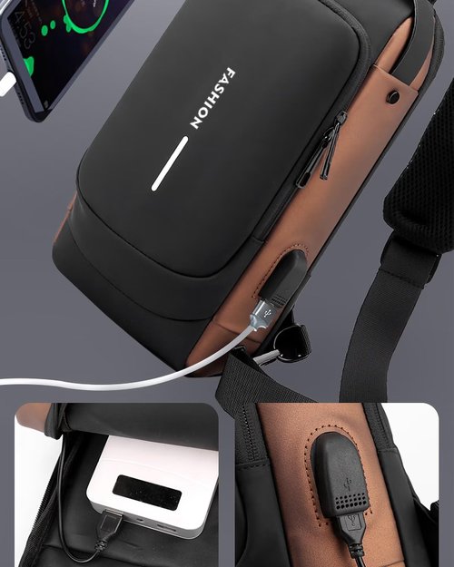 HAN-LBG Sling Bag for Men Women, Black Anti-theft Crossbody Bags with USB Charging Port Waterproof Crossbody Sling Backpack Shoulder Bag for Hiking Cycling Running Travel