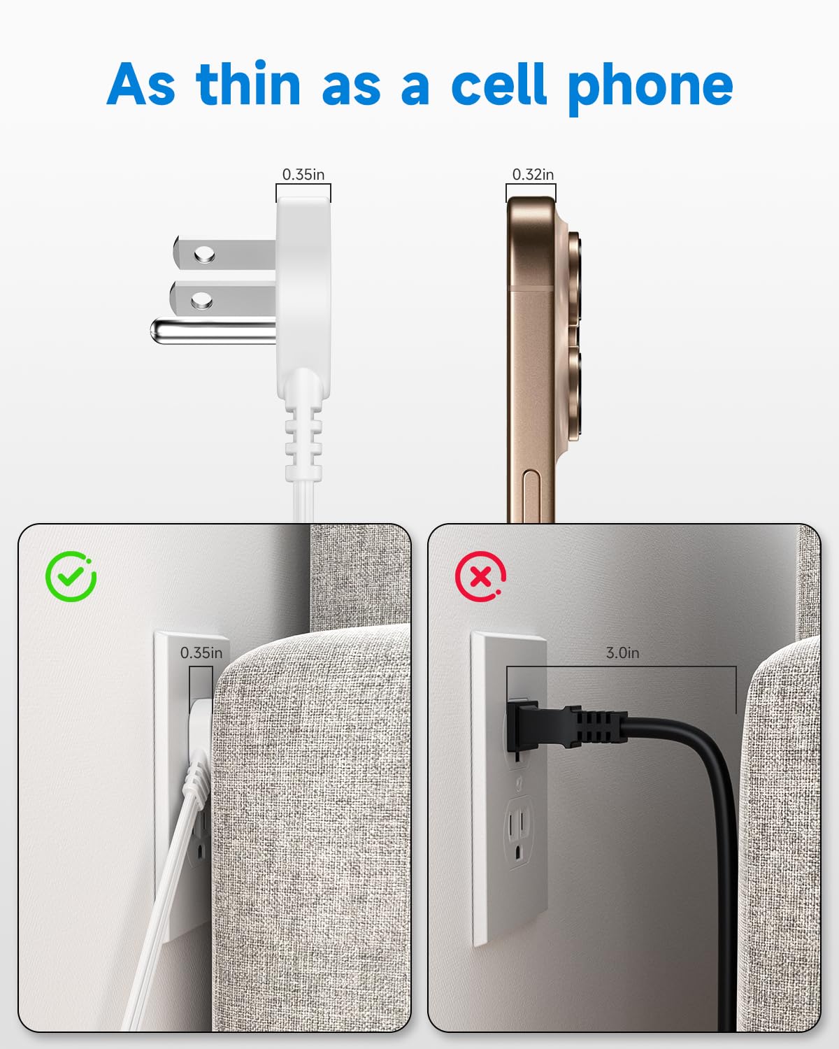 Flat Plug Short Extension Cord 1Ft White Low Profile Adapter 3 Prong Indoor Small Grounded Power Cable Outlet Saver 16AWG 13A 1625W 2 Pack