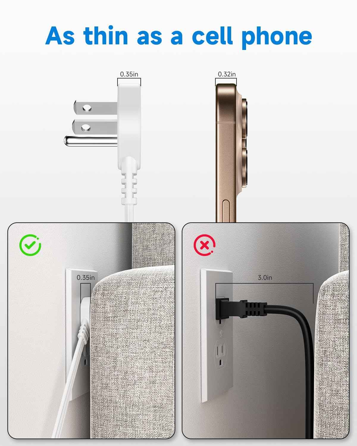 Flat Plug Short Extension Cord 1Ft White Low Profile Adapter 3 Prong Indoor Small Grounded Power Cable Outlet Saver 16AWG 13A 1625W 6 Pack