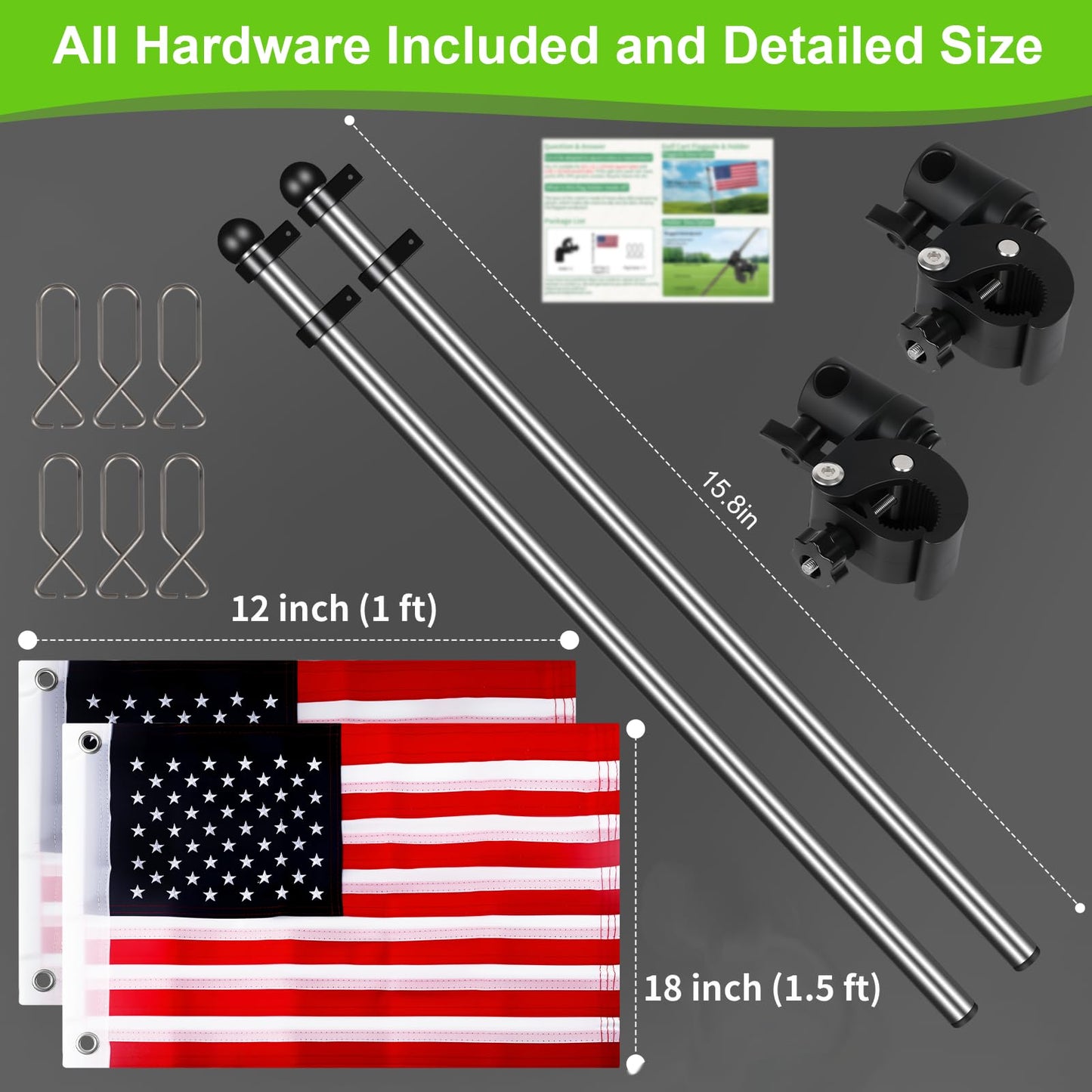 Cartalia Golf Cart Adjustable Flag Holder 2Pcs, Universal Flagpole for EZGO Club Car Yamaha, Flag Bracket for 0.59-1.18" Round/Oval Square Rails Push Cart, UTV, ATV, Included USA Flags (12"×18")