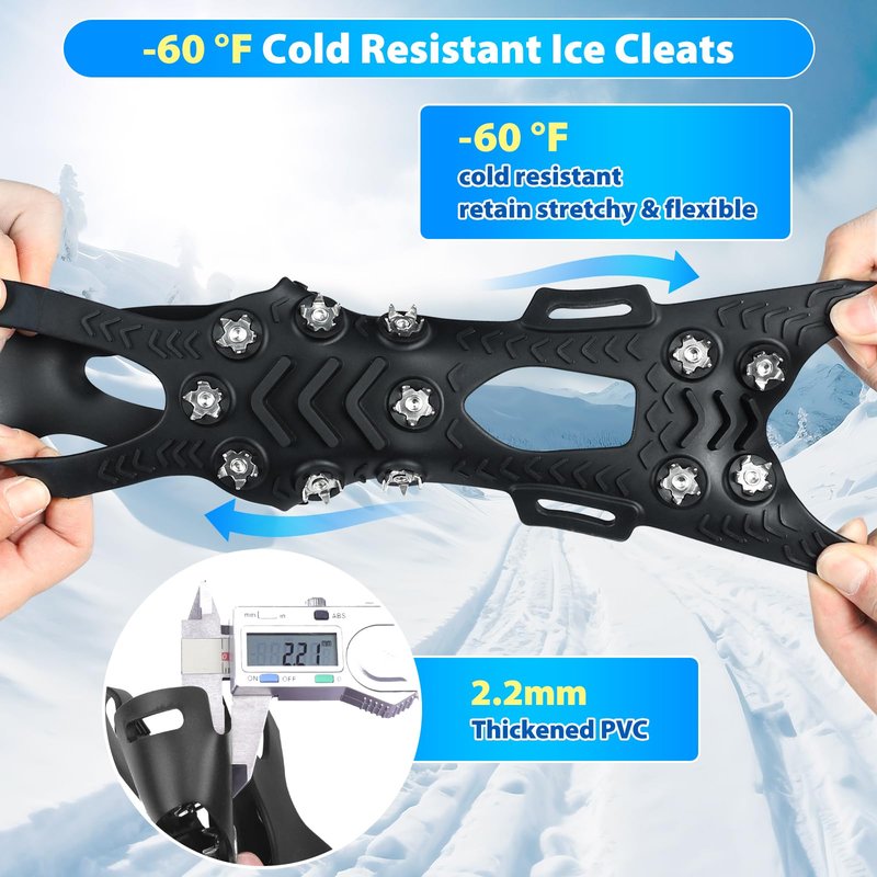 BOGI Crampons, Ice Cleats for Shoes and Boots with 12 Stainless Steel Spikes Non-Slip Ice Shoes Grippers Traction Cleats for Snow Ice, Winter Hiking, Walking, Fishing, Climbing for Women Men Kids