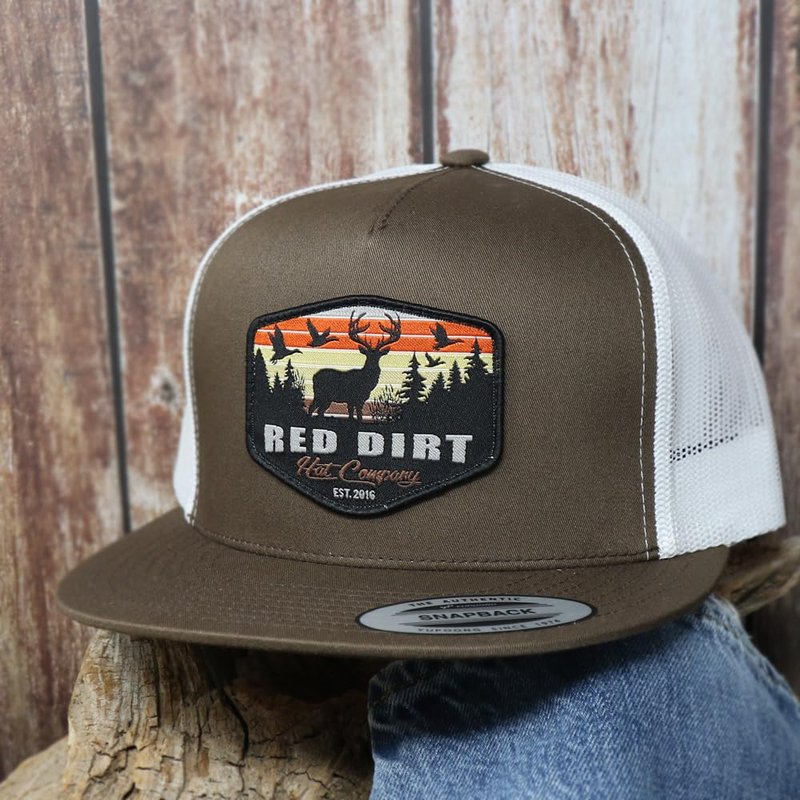 Red Dirt Hat Company Open Season 5-PanelAdjustable Snapback Hat, Trucker Cap w/Ventilated Mesh Back & Snap Back Closure, Structured Baseball Cap for Men & Women - Brown/White, One Size Fits All