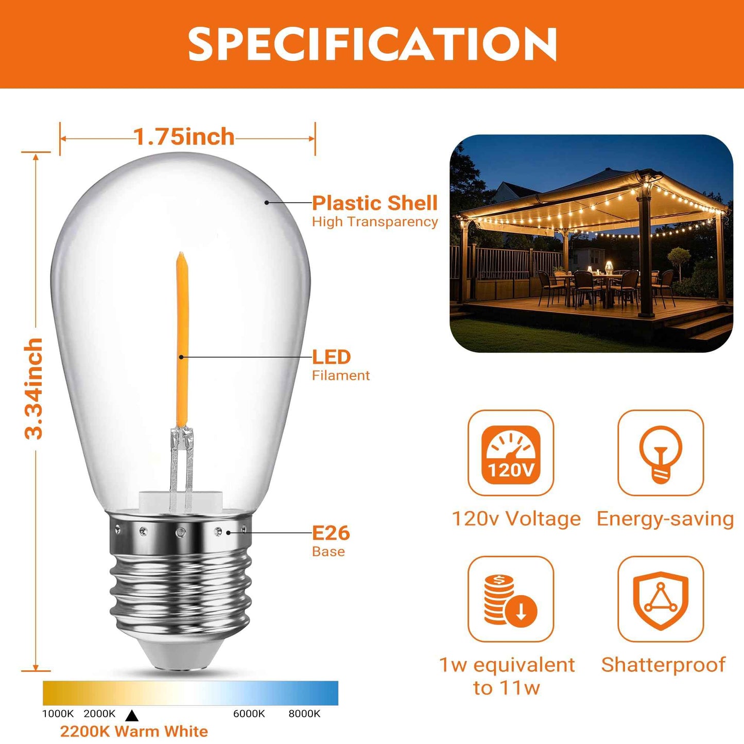 VOLIVO 30 Pack LED S14 Replacement Light Bulbs,1 Watt Shatterproof & Waterproof for Outdoor String Lights, Warm White Edison Vintage Style, Equivalent to 11w Incandescent Bulbs, E26 Medium Screw Base