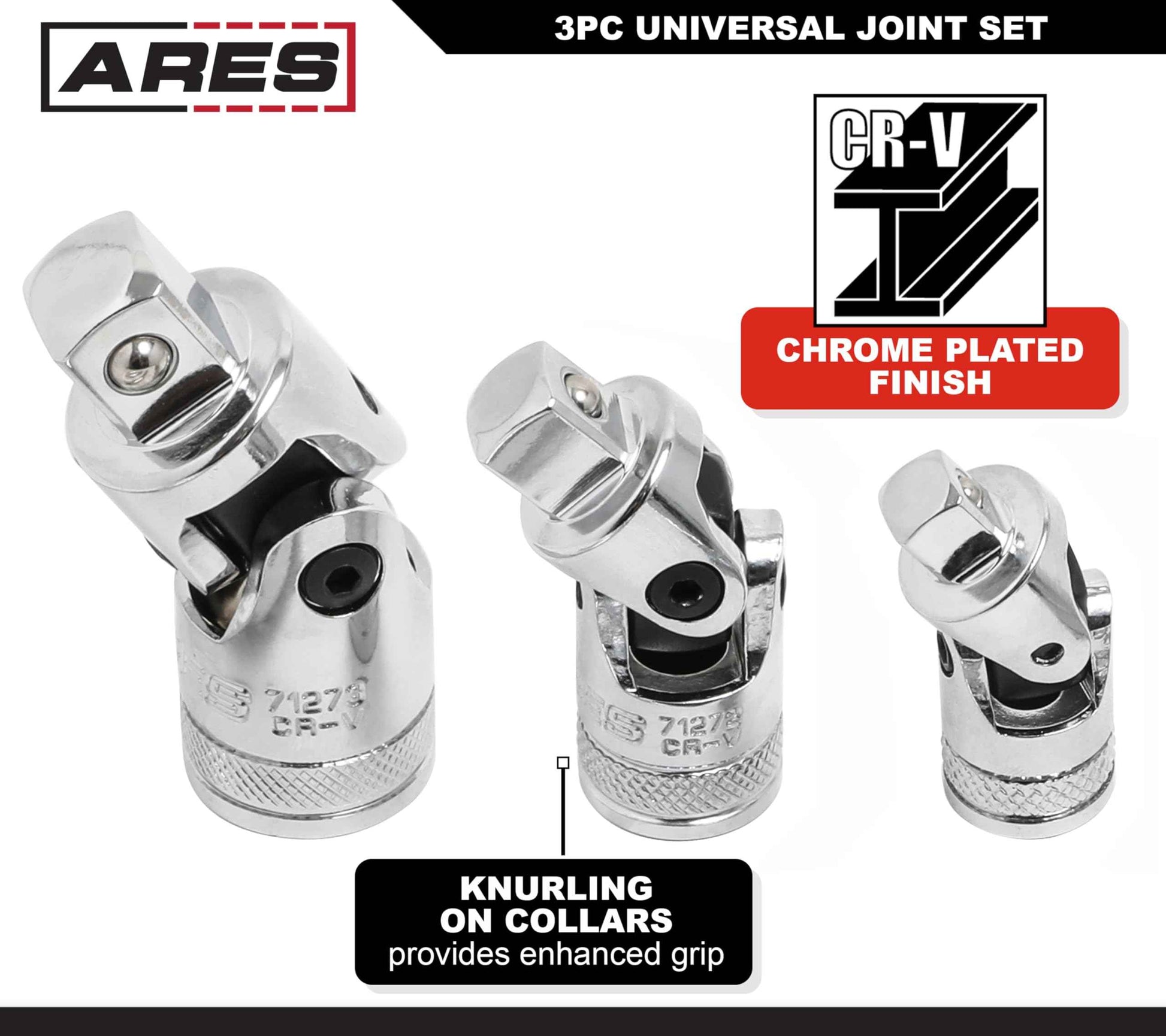 ARES 37001-3-Piece Universal Joint Socket Set - Includes 1/4-Inch, 3/8-Inch, and 1/2-Inch Drive U-Joints - EVA Foam Holder