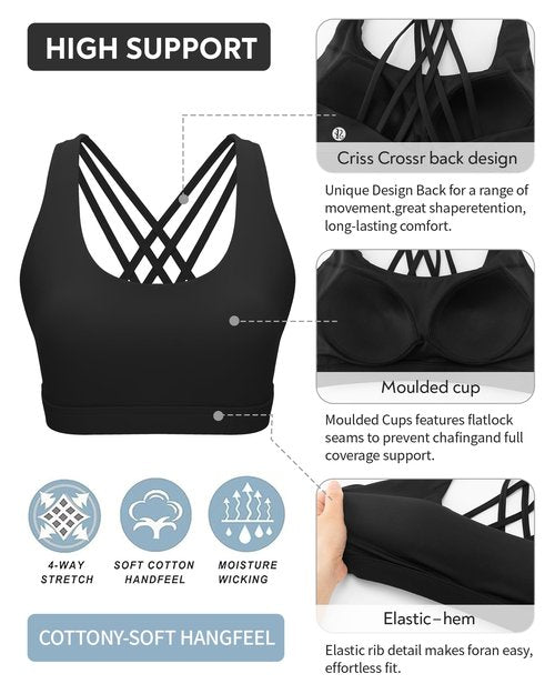 RUNNING GIRL Sports Bras for Women,High Impact Criss Cross Back Molded Cup Black Sports Bra Running Workout Bra with Sewn in Pads(WX3148Black_M)