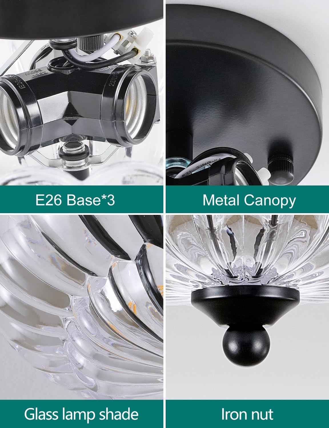 Modern 3-Bulb Semi Flush Mount Ceiling Light Fixture - Vintage Amber Glass for Bedroom, Kitchen, Living Room