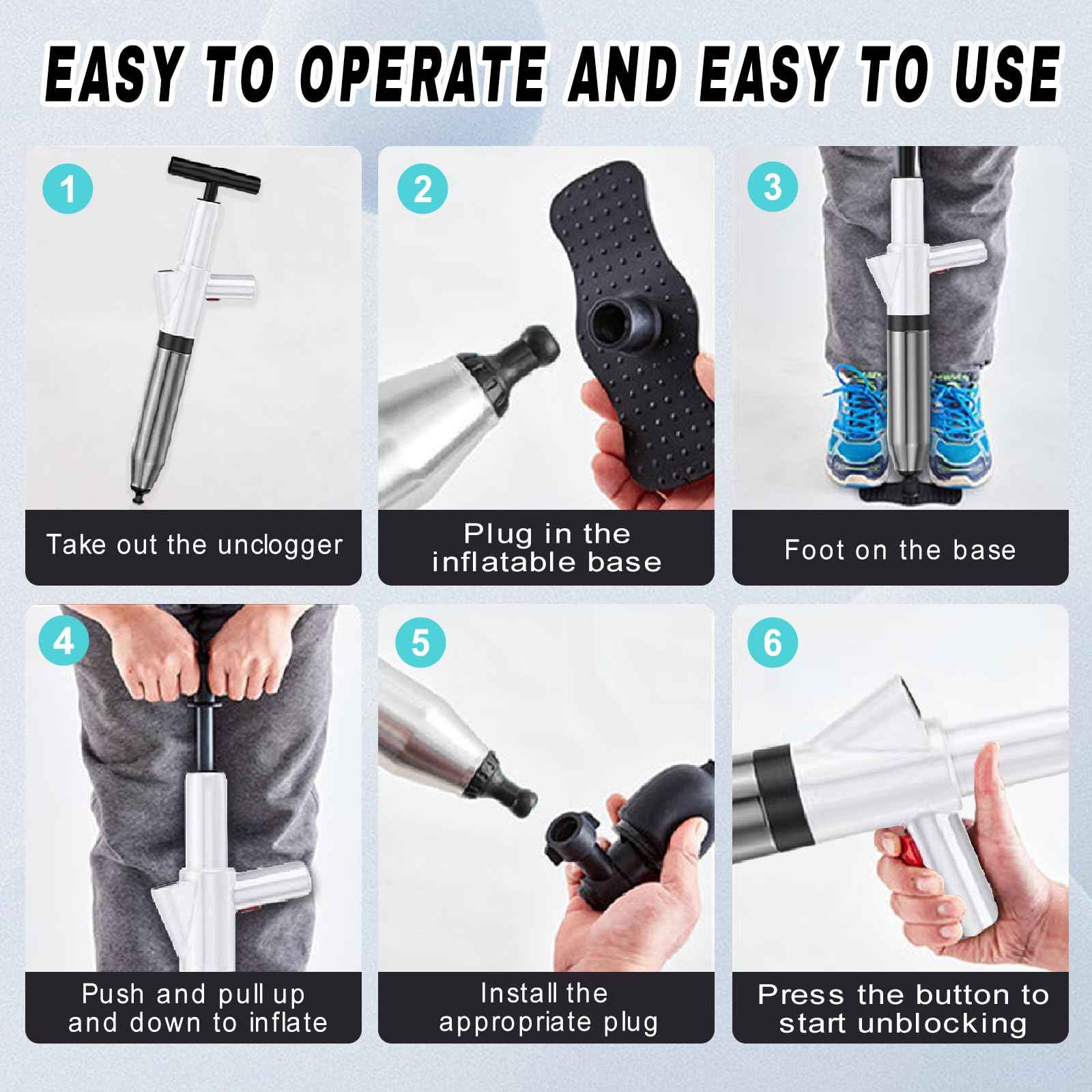 Toilet Plunger, High Pressure Air Plunger Drain Blaster with Visual Pressure Gauge, Drain Clog Removal Tool, Stainless Steel Toilet Unclogger Plungers for Bathrooms, Sinks, Kitchens, Clogged Pipe