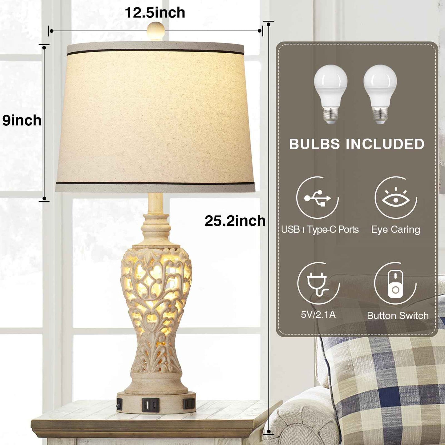 Rinweey Table Lamps Set of 2, Farmhouse Table Lamps with Nightlight, Rustic Bedside Lamps with Dual USB & AC Outlet, 25.2'' Beige Vintage Nightstand Lamps for Bedroom Living Room, Bulbs Included