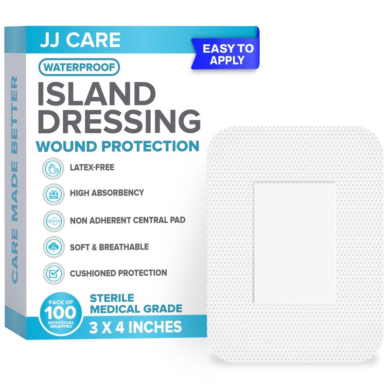 JJ CARE Waterproof Adhesive Island Dressing [Pack of 100], 3" x 4" Sterile Bordered Gauze, Breathable Island Wound Dressing, Individually Wrapped Adhesive Gauze Bandages with Non-Stick Central Pad