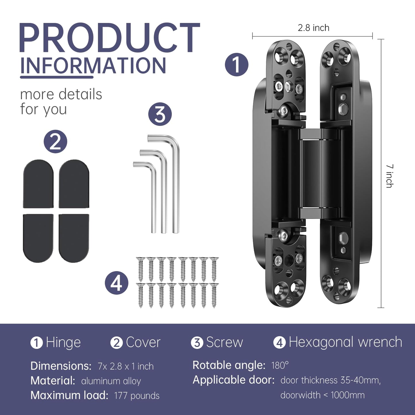 4-Pack 7 inch Hidden Hinges for Doors Invisible Hinges Concealed Zinc Alloy 180 Degree Swing 3 Way Adjustable Butt Silent Door Hinge 7 x 2.8 x 1 inch (Black