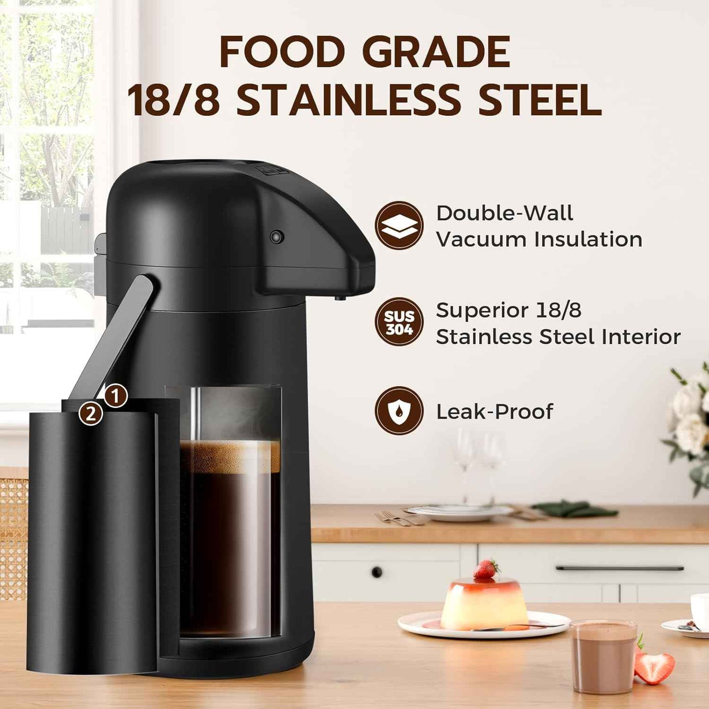 Large 102OZ Stainless Steel Coffee Carafe - Insulated Airpot Dispenser for Hot Drinks