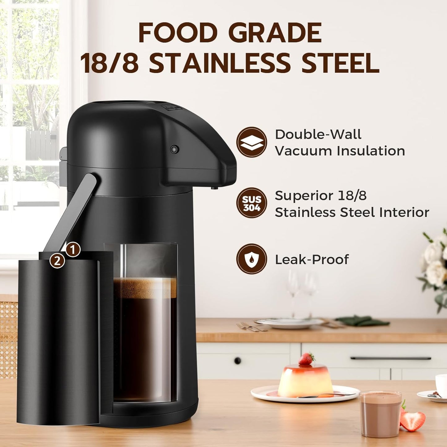 102OZ Insulated Coffee Carafe - Stainless Steel Airpot Dispenser for Hot Drinks