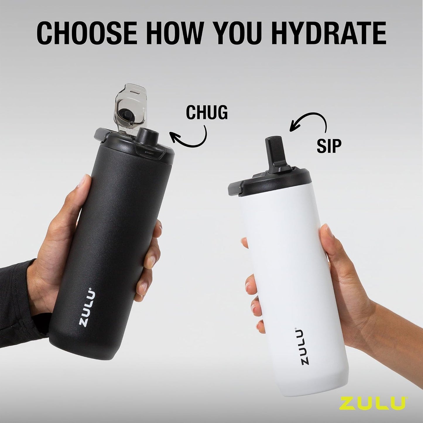 ZULU 32oz Stainless Steel Water Bottle - Double Walled, Vacuum Insulated | 3 Lids Included, Black
