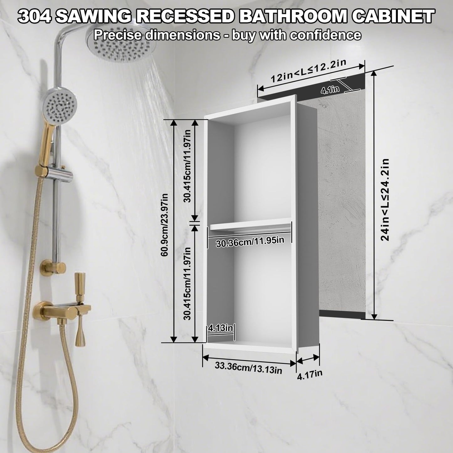 Real 304 Stainless Steel Shower Niche 12x24in-92° Quick Drain-No Tile Needed-2 Tier-Matte Recessed Wall Niche-Insert Shower Shelf-Built in Cabinet for Bathroom/Kitchen/Living Room/Study Storage