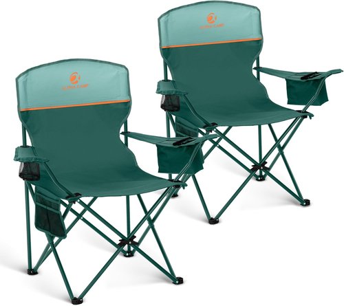 LET'S CAMP Folding Camping Chair - 2 Pack with Cooler Bag & Cup Holder | Supports 350LBS, Green