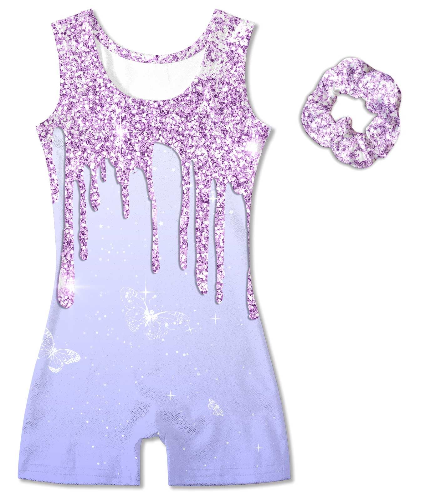 Vogseek Sparkly Gymnastics Leotards for Girls 5 6 Years Cute Light Purple Shiny Ballet Dance Unitards Biketards with Cover Short Kids Tumbling Activewear, Purple Fluid