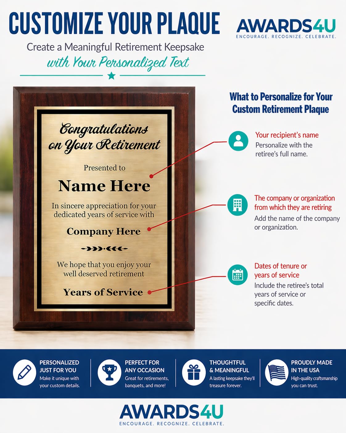 Customized Retirement Plaque 8x10 - Personalized Retirement Gift for Co-Worker, Employee, Boss, Friend, or Family - Recognition Award for Men and Women - Custom Engraved Appreciation Plaque for Retiree