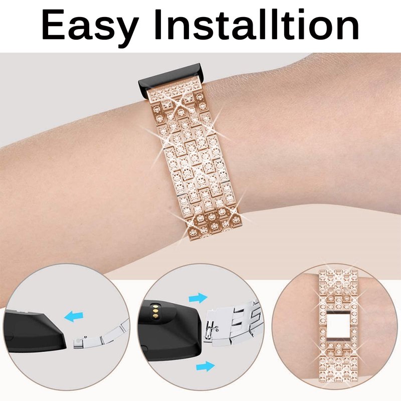 Miimall Compatible for Fitbit Inspire, Inspire 2 & HR Bands - Diamond Crystal Metal Bling Replacement Strap - Rose Gold