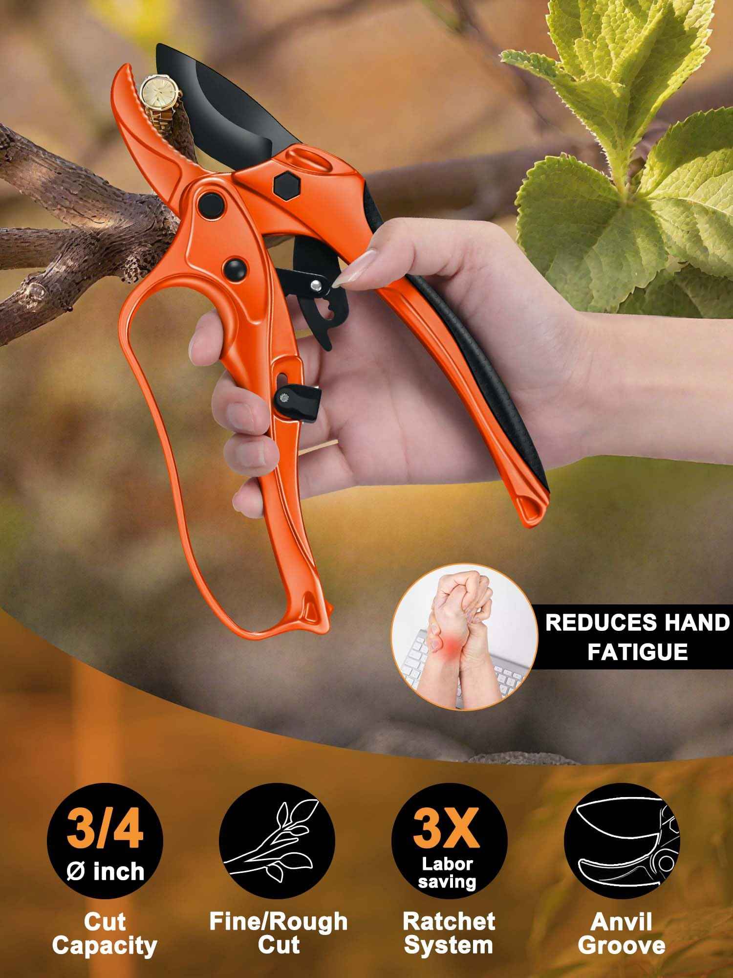 Rotbackmin Ratchet Anvil Pruning Shears for Gardening Heavy Duty, Labor-Saving Design Garden Clippers for Arthritis Weak Hands, 3/4" Cut Capacity Branch Cutter for Tree Trimming, Flower, Rose, Plant