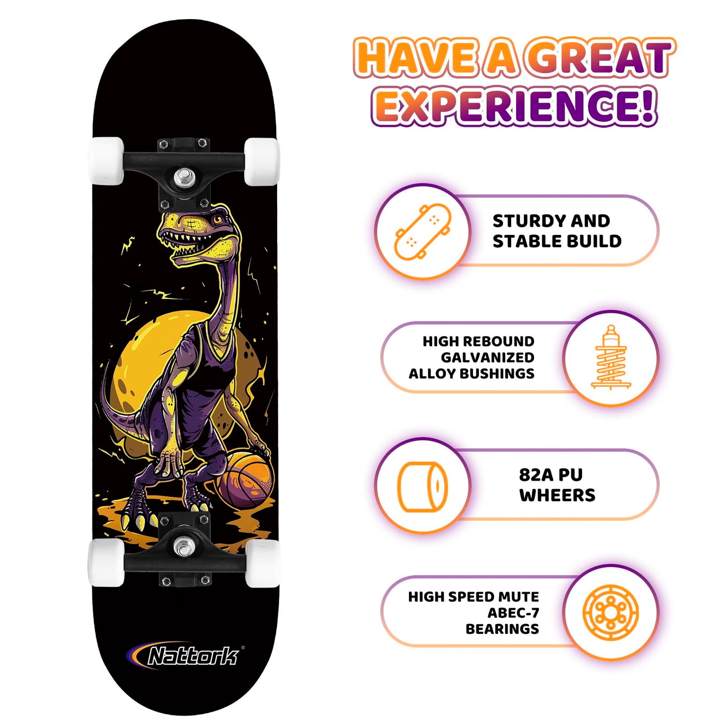 Nattork 31-Inch Complete Skateboard ?9-Ply Canadian Maple Deck with Checkerboard Design, Ideal for Beginners and Teens of All Ages