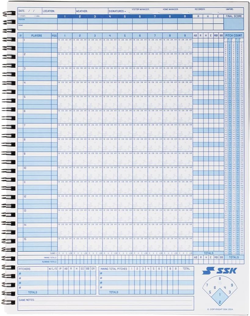 SSK 80 Game Official Scorebook Baseball + Softball – Premium Cover Score Keeping Book – 15 Player - Home + Away Team – 9.25”x12” (80 Games)