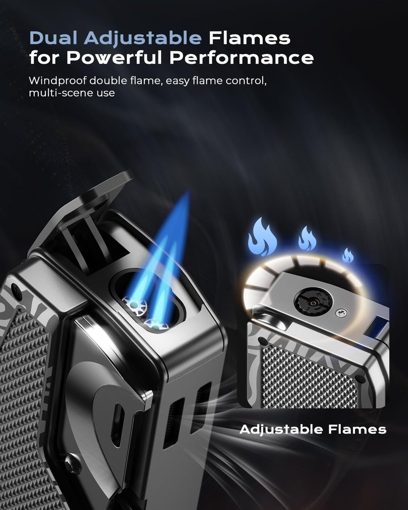 Torch Lighter with Straight Cutter and Holder, Dual Jet Windproof Butane Lighter, All in One Refillable Lighter with Built in Punch, Portable for Outdoor Travel, Gifts for Men