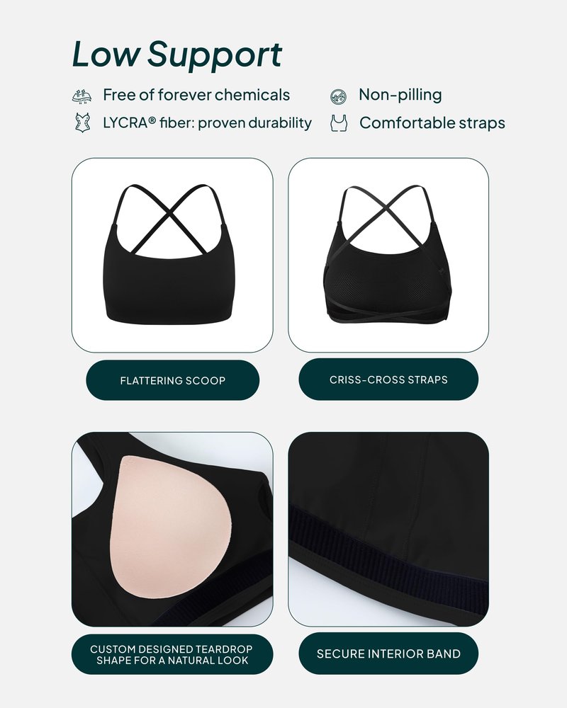 PAVOI ACTIVE Open Back Strappy Yoga Workout Bras for Women - Low Support Criss-Cross Sports Gym Bra Removable Pads - FlexFlow, Medium, Black