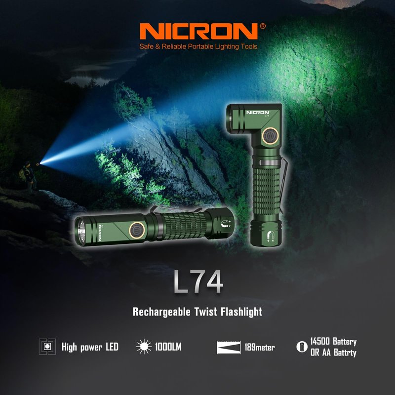 NICRON L74 Rechargeable Flashlight, 1000 Lumen High Brightness with 90° Rotatable Head, Magnetic Tail and 2-Way Clip, IP65 Waterproof, Compatible with Rechargeable Batteries and AA Battery