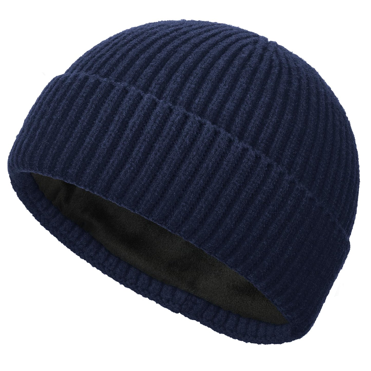 Simapu Short Wool Fisherman Beanie for Men Women, Fleece Lined Trawler Beanies Knit Cuffed Winter Warm Hat Womens Skull Cap, Navy Blue