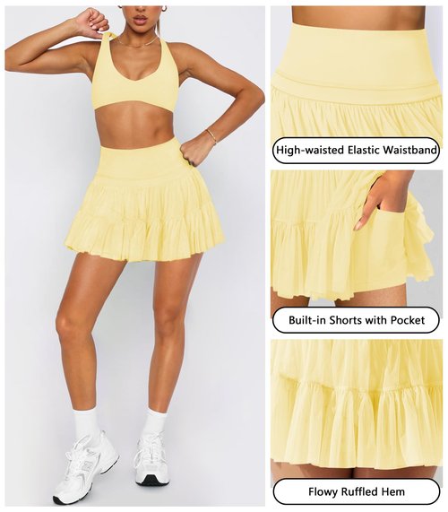 Hragc Women's Mini Yellow Skirt Skort Flowy Pleated High Waisted Ruffle Medium Tennis Skirts for Women Athletic Skater Golf with Shorts Pockets