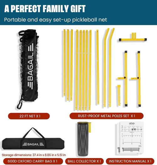 BAGAIL Portable Pickleball Net Set, 22 FT Regulation Size Pickle Ball Net with Ball Collector, Carry Bag, Easy Setup for Outdoor Indoor Driveway - Yellow
