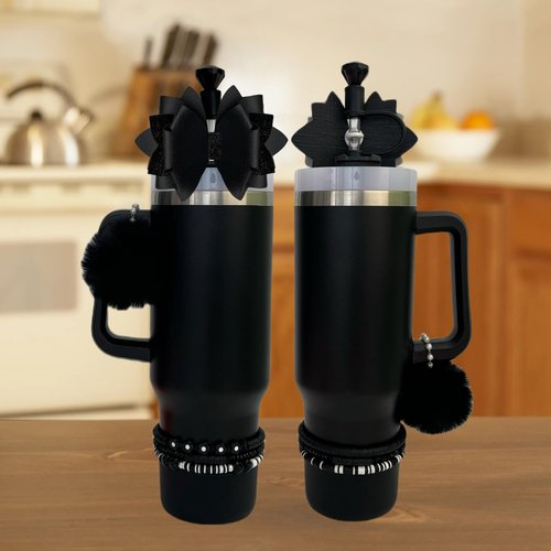 Accessories for Stanley Cup 40oz,3 Decorative Beads Charms for Stanleytumbler,1 Bow Straw Topper,1 Silicone Boot for Stanley40 oz,1 Pompom Ball for Stanleycup Handle,1 Straw Topper Cover (Black)