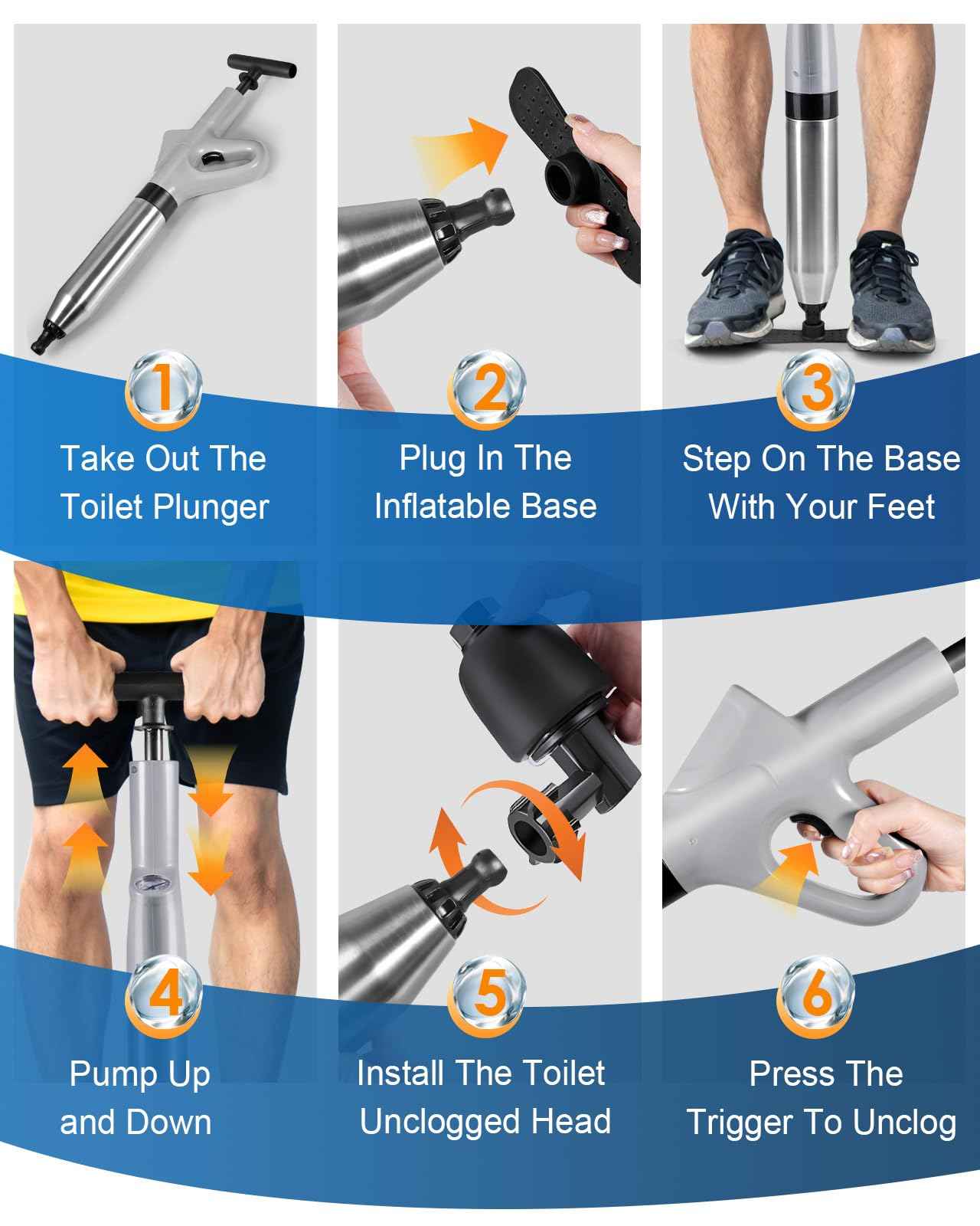 Stainless Steel Toilet Plunger, Air Drain Blaster, Drain Clog Remover Tool, High Pressure Drain Blaster Gun with Visual Barometer, Suitable for Sink, Bathroom, Kitchen, Toilet, Shower, Clogged Pipe