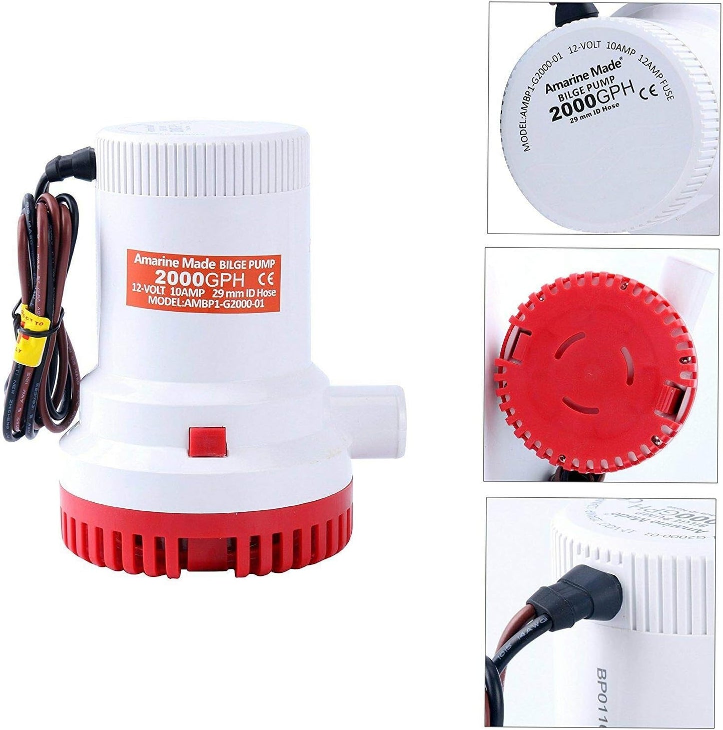 Amarine Made 2000 GPH Submersible Bilge Pump - 12V Electric Boat Plumbing | 1-1/8" Outlet, 8.5A