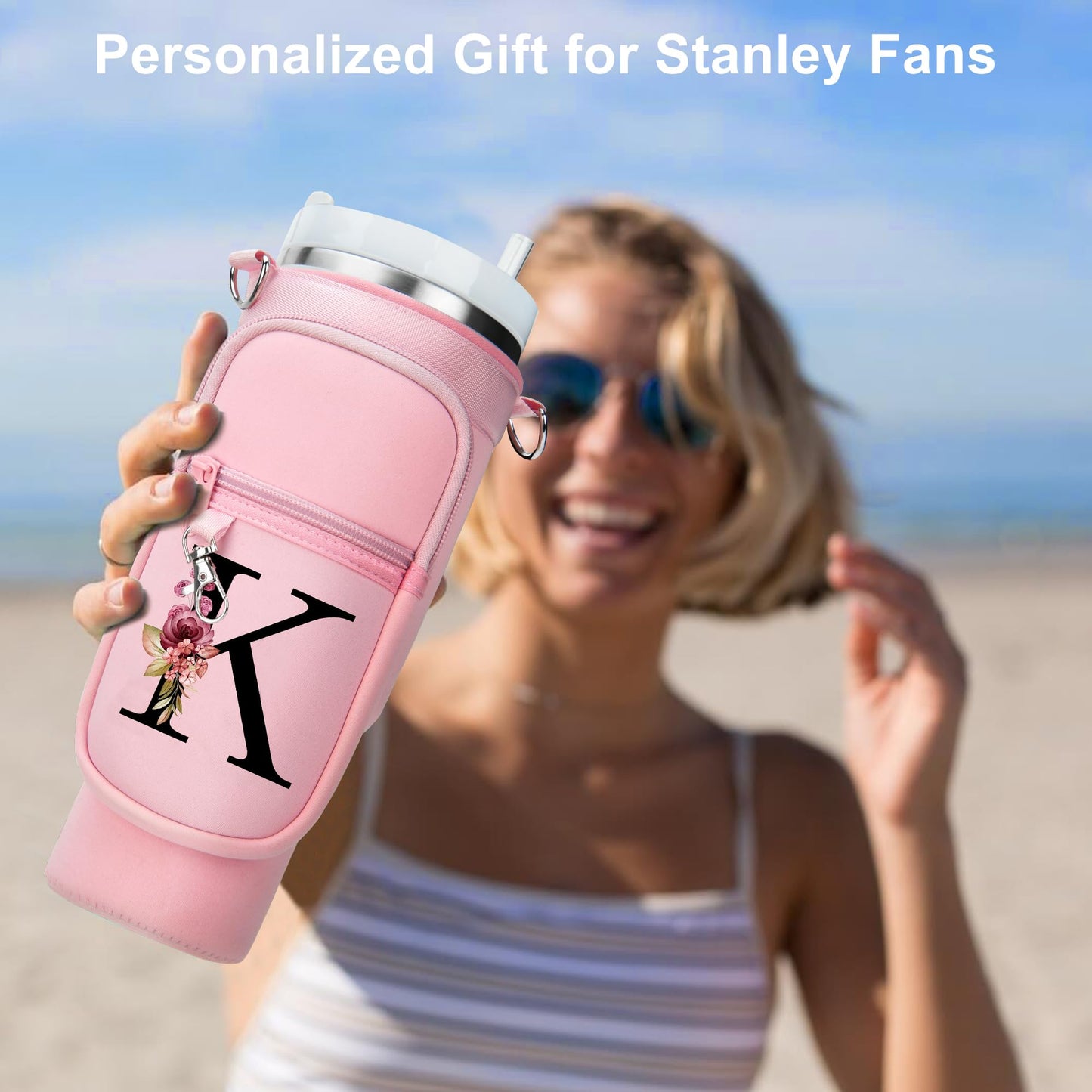 LOKASS Personalized for Stanley Cup Accessories 30oz, Initial Stanley Cup Holder with Strap, Cup Carrier Bag Water Bottle Holder with Phone Pocket Gifts for Women,Girls,Travel,Walking,Work