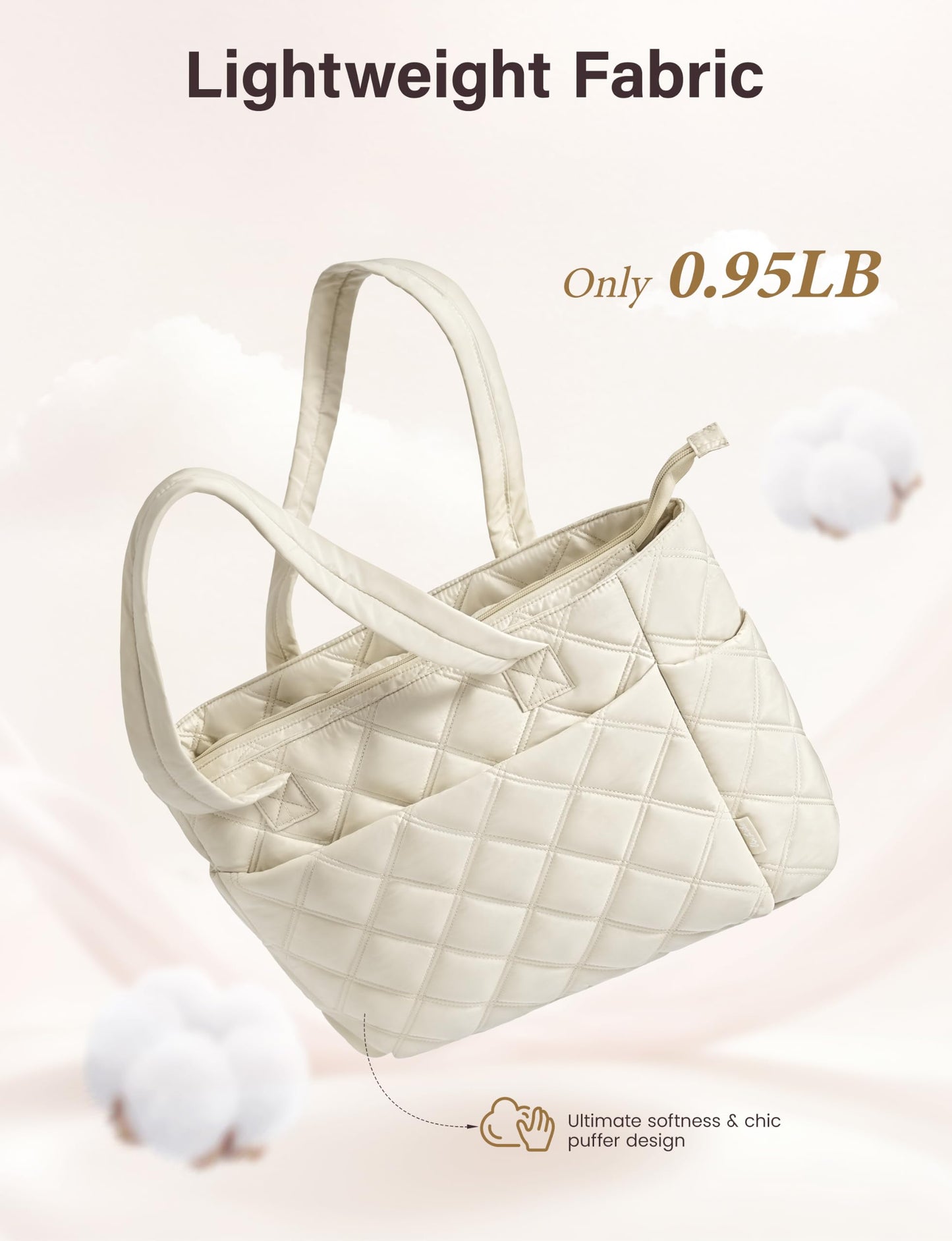 Uselike Tote Bag for Women, Lightweight Puffer Tote Work Bags with Compartments for Travel, Quilted Shoulder Bag with Zipper