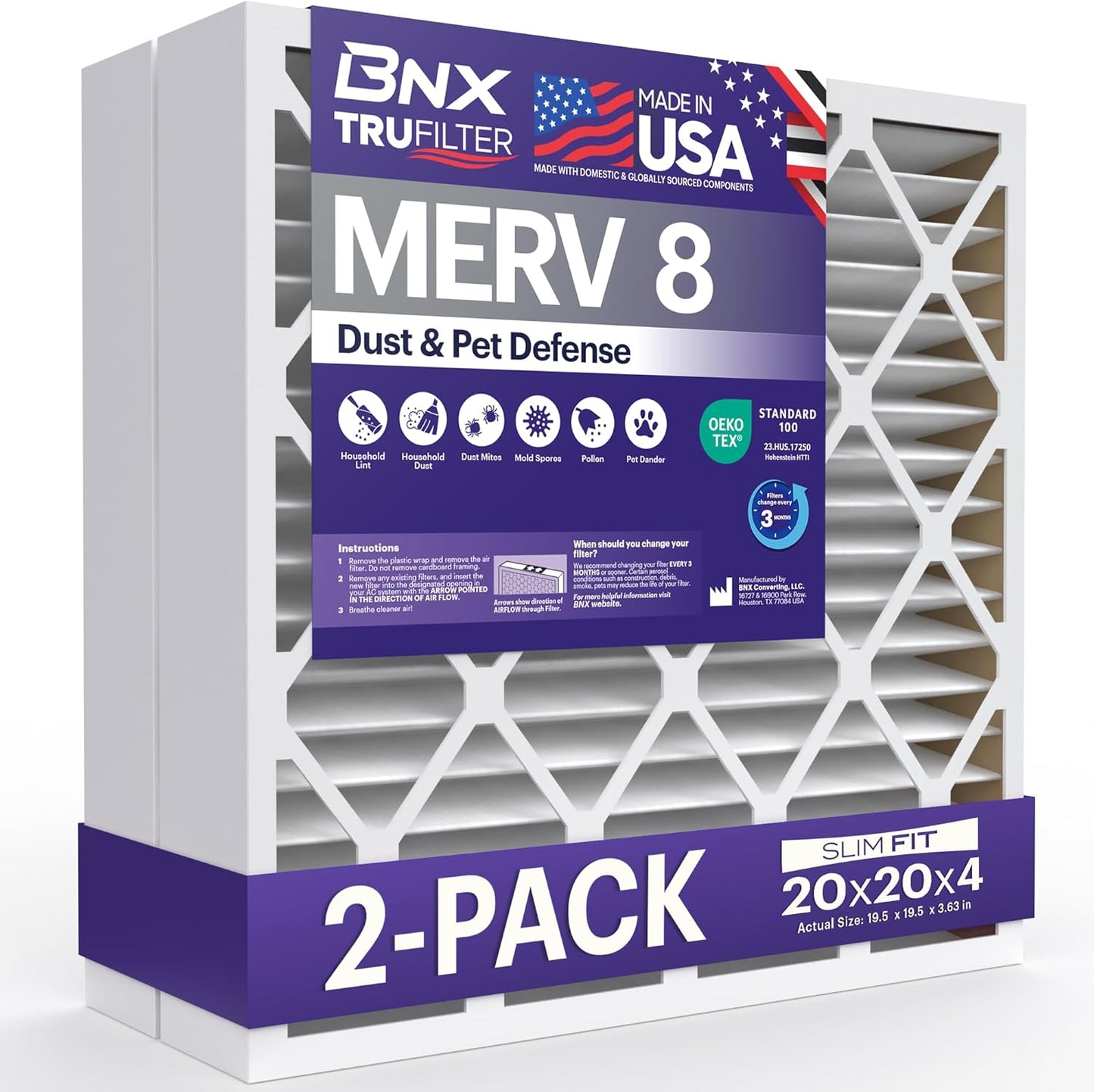 BNX TruFilter 12x12x1 MERV 8 Air Filters (6-Pack) - USA-Made Dust & Pet Defense for HVAC