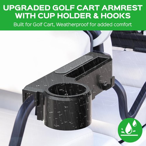 Golf Cart Armrest with Cup Holder - Universal Fit for EZGO/Club Car/Yamaha Rear Seat, Fits 1”/1.25” Square Tube Frames, Durable ABS Construction, Phone Holder, No Drilling