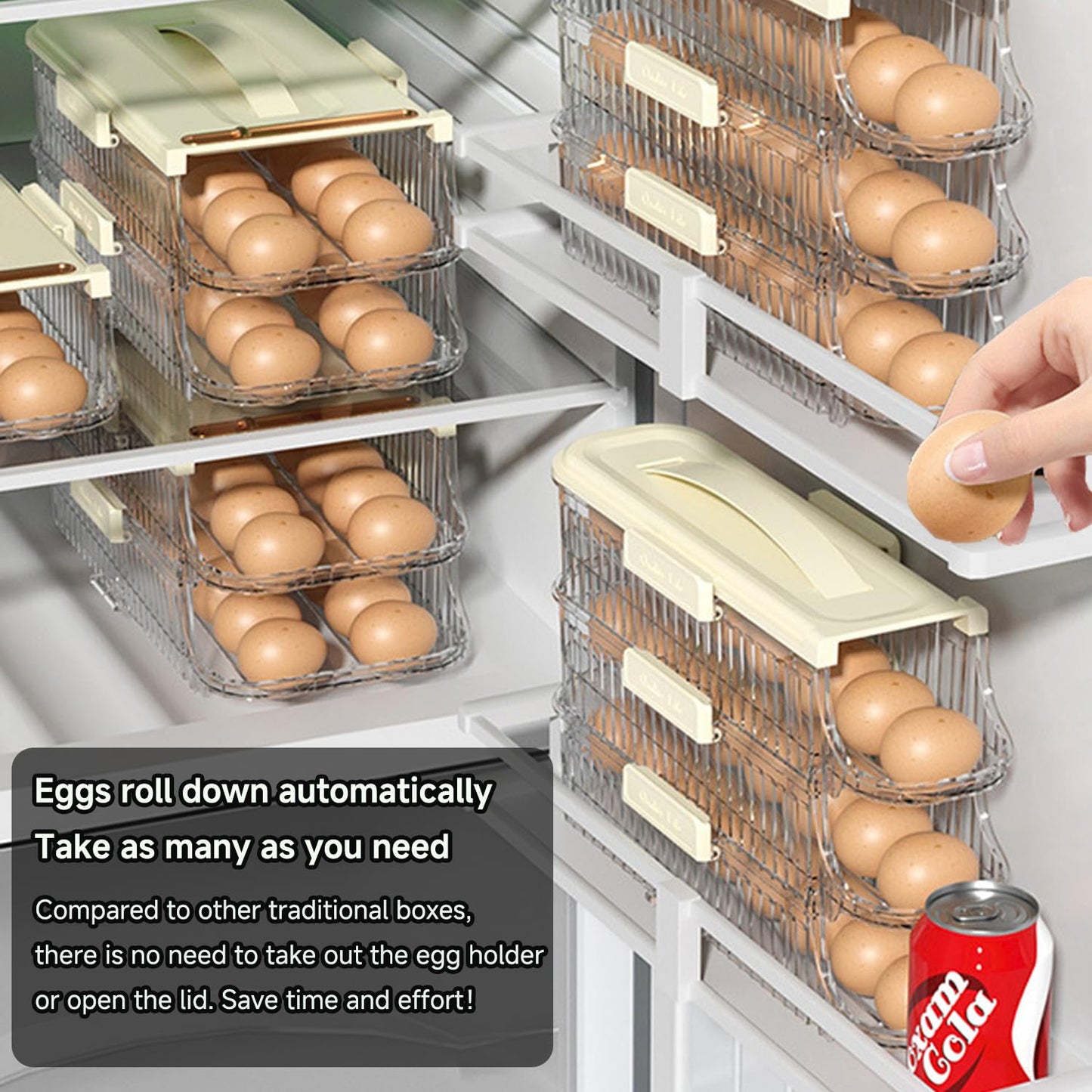 SYXLTSH Egg Holder for Fridge Automatic Rolling, Egg Storager Container Organizer Dispenser for Refrigerator Stackable Removable Inner Tray, Egg Accessories (Clear, 1 Row-2 Tiers)