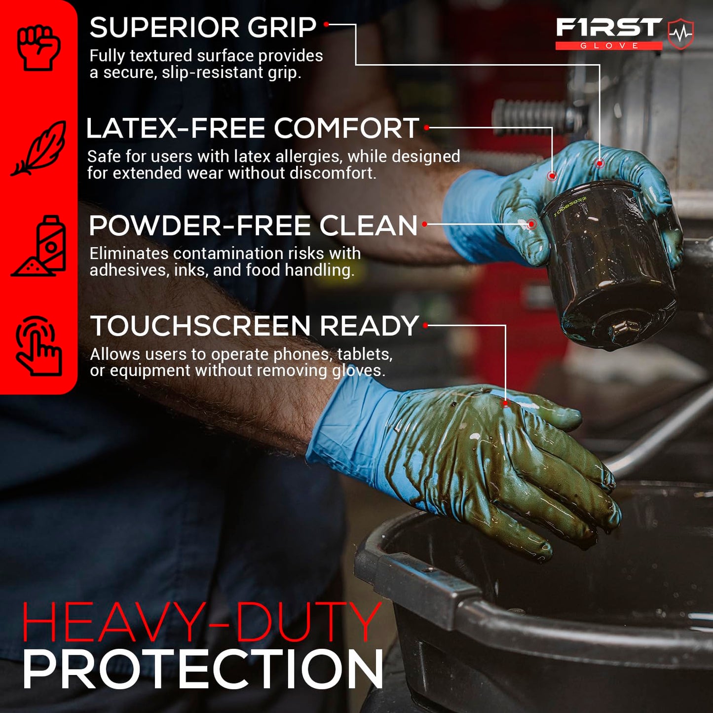 First Glove Nitrile 8 Mil Bucket Fully Textured Blue Gloves - Heavy Duty Gloves for Industrial Automotive, Food, Janitorial & Work - Glove with Diamond Grip & Powder-Free - 500 Count Large