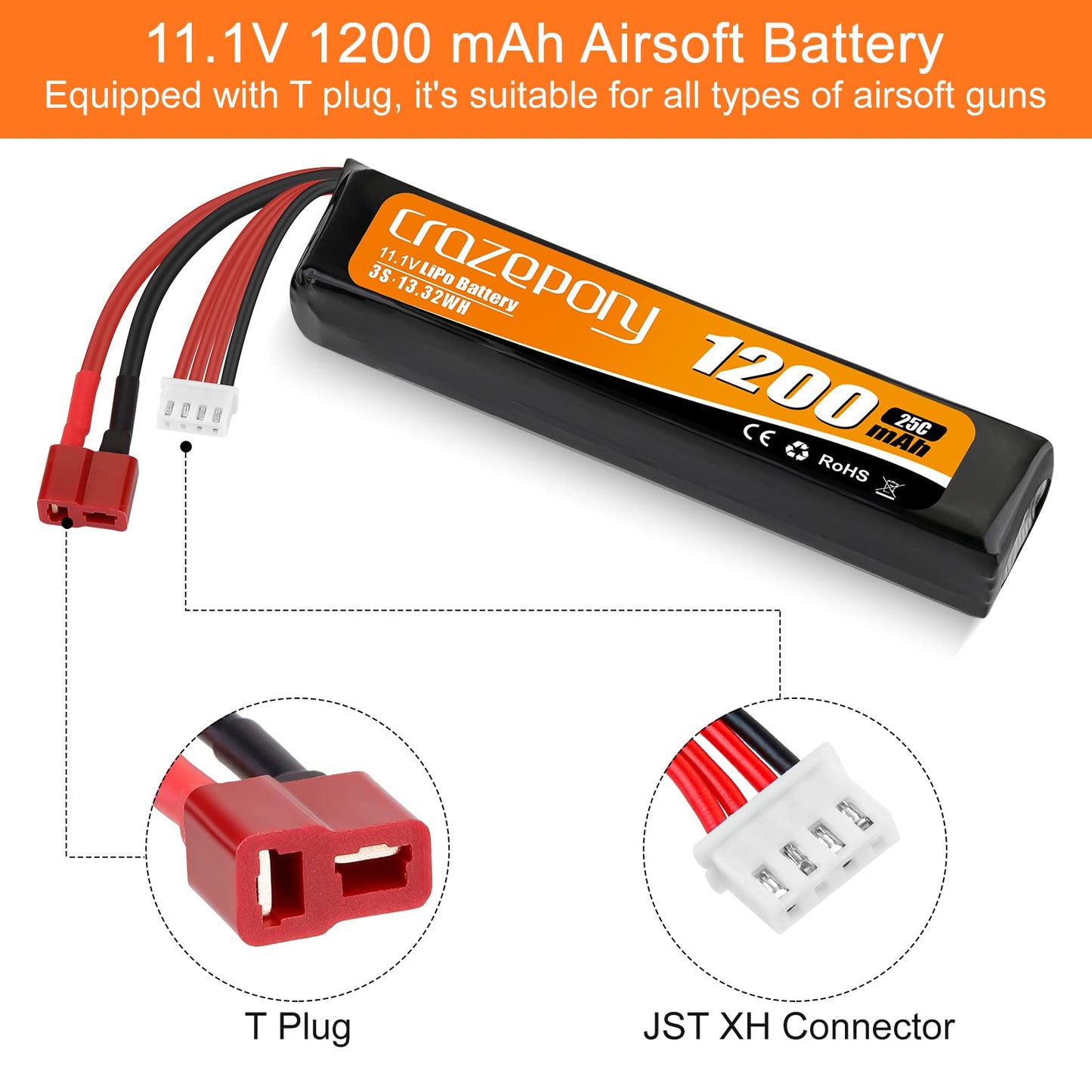 Crazepony Airsoft Battery 11.1V 1200mAh Rechargeable 3S LiPo 25C Hobby Battery with T-Plug & JST XH Connector for Airsoft Model Rifle