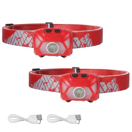 Lepro 320014 LED Rechargeable Headlamp, 2 Pack Head Lamp with 6 Modes for Camping & Hiking Gear Essentials, IPX4 Waterproof Bright Headlight Flashlights with Adjustable Headband, Type-C Cable - Red