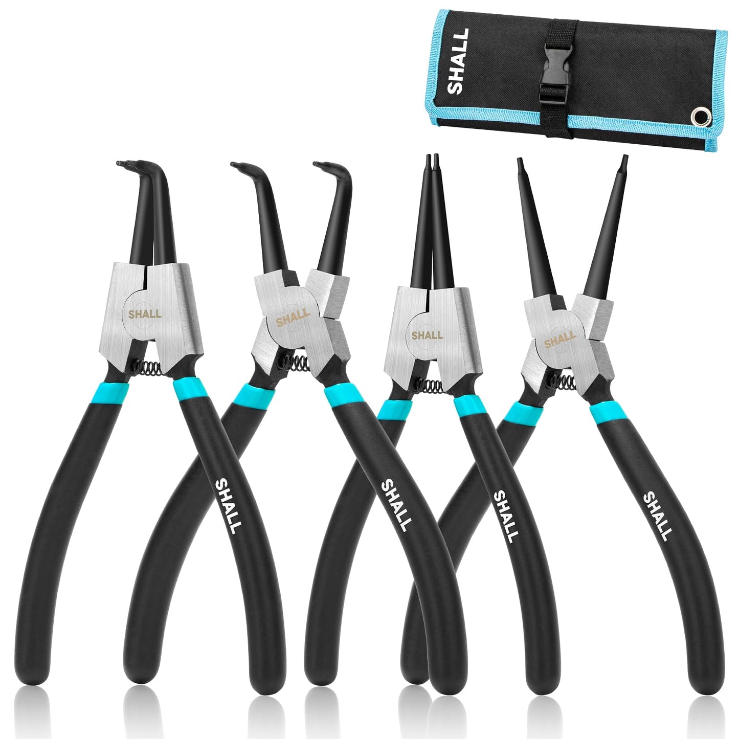 SHALL 4PCS Snap Ring Pliers Set, 7-Inch Internal External Circlip Pliers, Straight Bent C-clip Pliers Lock Ring Pliers, 5/64" Tip, Heavy Duty Reverse Pliers for Ring Remover Retaining w/Portable Pouch