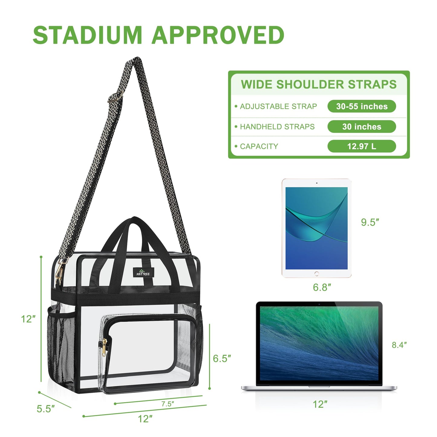 MAY TREE Clear Bag for Stadium Events, 12×6×12 Clear Tote Bag with Removable Strap, Transparent Bag for Concert Sports Gym, Wave-Strap