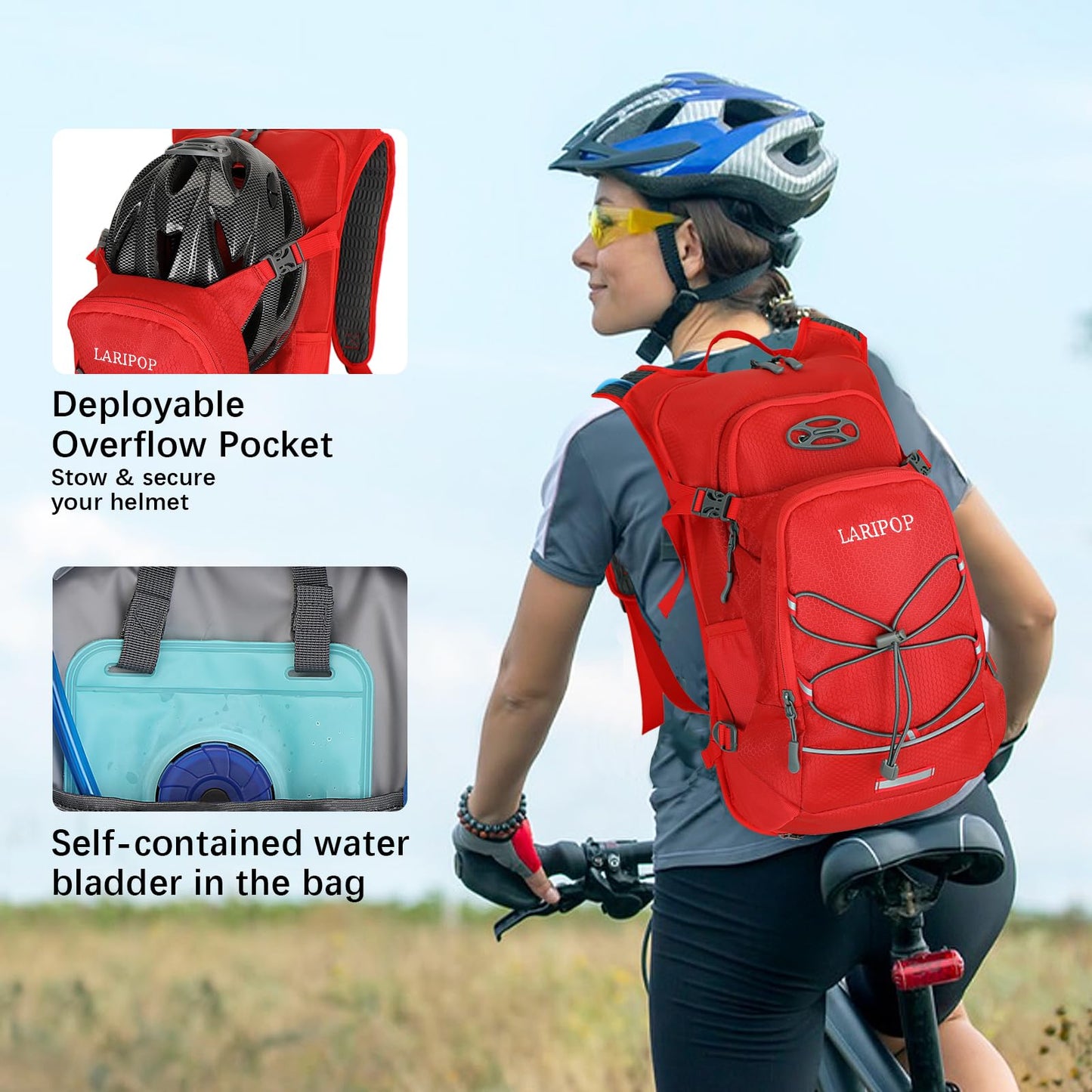 LARIPOP 18L Hydration Backpack with 2L BPA-Free Leak-Proof Water Bladder, Lightweight Breathable Reflective Daypack for Hiking Cycling MTB Trail Running Camping Men Women