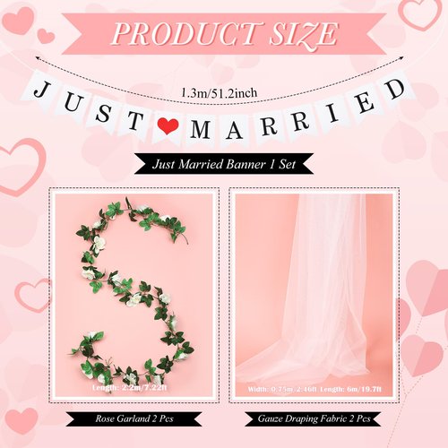Janinka 5 Pcs Wedding Golf Cart Decorations 1 Just Married Sign Banner 2 Rose Garland 2 Gauze Draping Fabric for Golf Cart Car Decorations Accessories Wedding Party Anniversary Honeymoon Favor Gifts