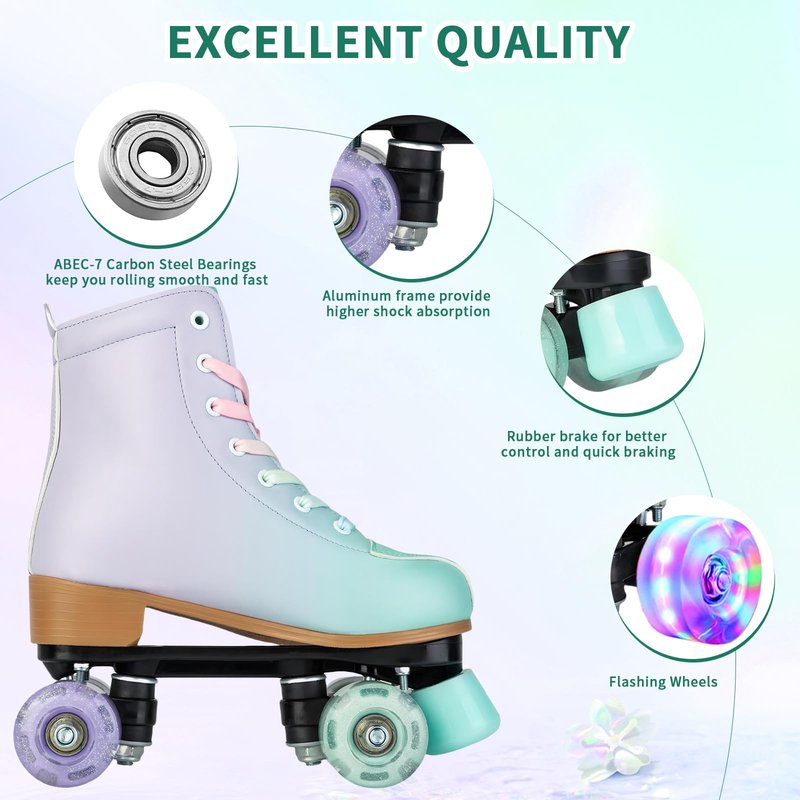 Gets Roller Skates for Girls and Women, Purple and Green PU Leather Light Up Women's Roller Derby Skates, Cute Adjustable Four-Wheel Beginner Outdoor Roller Skates for Youth (40)
