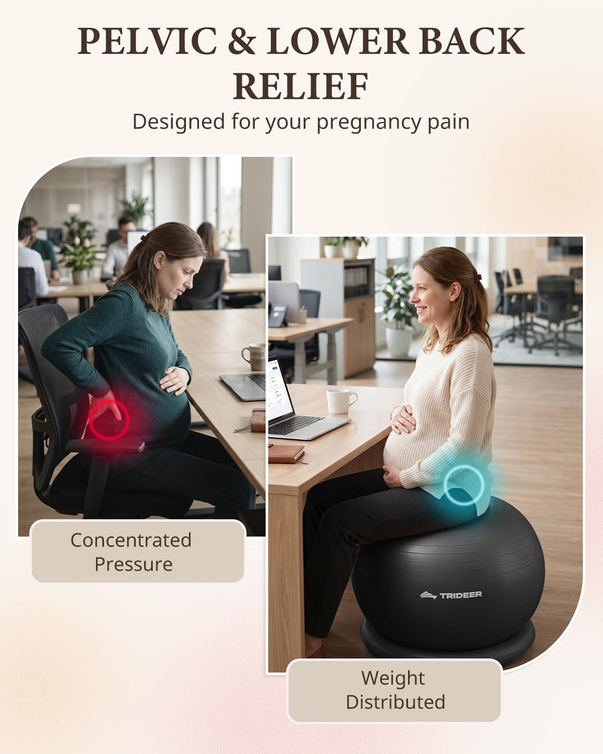 Trideer Yoga Ball Chair with Base for Office Desk, Exercise & Stability Ball Seat, Pilates Ball for Core Training, Pregnancy Ball, Back Pain Relief & Active Sitting