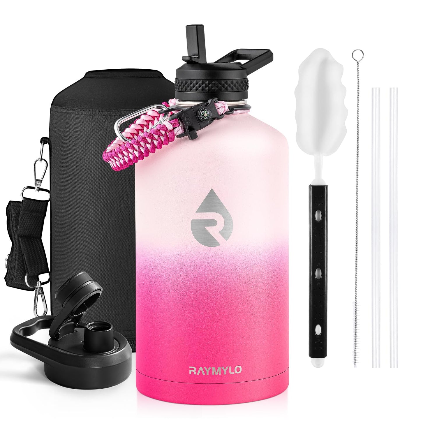 RAYMYLO One Gallon Water Bottle Insulated, Triple Walled Vacuum Stainless Steel (Cold for 48 Hrs), Leak Proof & Non-BPA, Large Water Flask Jug with Paracord Handle & Straw Spout Lids