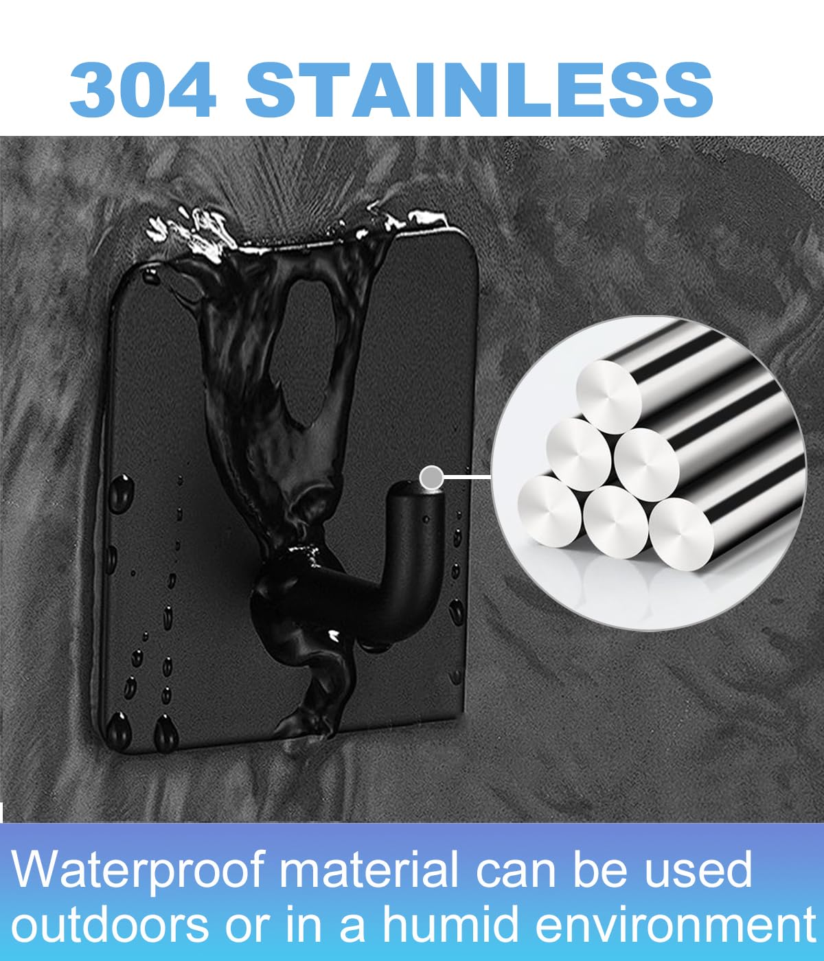 5 Pcs Towel Hooks with Removable Strips for Hanging，Adhesive Wall Hooks Heavy Duty，Outdoor Hooks No Damage，Sticky Hooks for Bathrooms，Shower，Stockings，Decor，Robe，Medium，Black 304 Stainless Steel